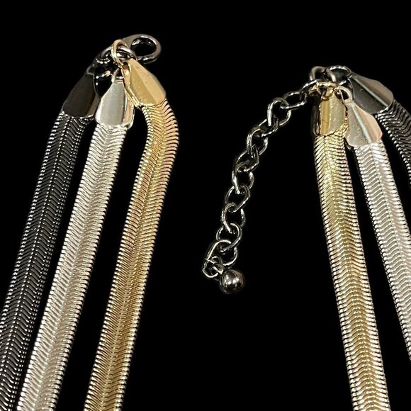 Herringbone 3 Strand Tricolor Gold Silver and Black Chain Necklace Layered - Picture 7 of 10